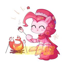 :q ^_^ animal animal_focus campfire cape closed_eyes colored_skin curly_hair cutie_mark flower food hair_ornament hair_ribbon hashtag-only_commentary hat highres holding holding_stick leaf marshmallow my_little_pony my_little_pony:_friendship_is_magic no_humans pink_hair pink_hat pink_shirt pink_skin pink_tail pinkie_pie pony_(animal) red_cape red_flower ribbon roasted_marshmallow sample_watermark shirt short_hair short_sleeves simple_background smile star_(symbol) star_hair_ornament stick tail tongue tongue_out watermark white_background white_trim y_songmo yellow_ribbon