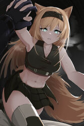 1girl 1other abs absurdres animal_ears aqua_eyes arknights bare_shoulders black_gloves black_hairband black_sports_bra black_thighhighs blonde_hair breasts brown_tail cleavage collarbone crop_top doctor_(arknights) gloves hairband heavy_breathing highres holding_hands horn_(arknights) interlocked_fingers jambaeng long_hair looking_at_viewer medium_breasts midriff navel parted_lips pov pov_hands revision sleeveless solo_focus sports_bra stomach sweat tail thighhighs you_gonna_get_raped