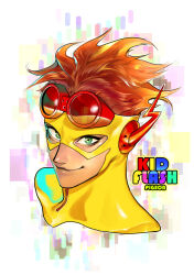 1boy artist_name character_name closed_mouth cropped_shoulders dc_comics goggles goggles_on_head green_eyes highres kid_flash latex looking_at_viewer male_focus mask orange_hair pigeon666 shiny_clothes shiny_skin smile solo superhero_costume young_justice