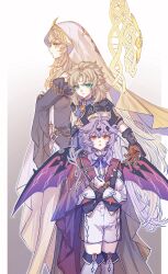 Rule 34 | 1girl, 2boys, :o, ahoge, albedo (genshin impact), aqua eyes, black dress, black gloves, black horns, black vest, blonde hair, blue shirt, boots, brooch, brown gloves, cape, closed mouth, coat, collared shirt, colored eyelashes, double helix, dragon boy, dragon horns, dragon wings, dress, eyelashes, frilled shirt collar, frilled sleeves, frills, genshin impact, gloves, gold trim, gradient background, gradient cape, hair between eyes, hair intakes, halo, hashtag-only commentary, highres, hood, hood down, hooded coat, horns, jewelry, long hair, long sleeves, looking at viewer, medium hair, mini durin (genshin impact), mini durin (human) (genshin impact), multiple boys, neck ribbon, parted bangs, pointy ears, profile, purple cape, purple hair, purple ribbon, rainbowsugarflower, red cape, red eyes, rhinedottir (genshin impact), ribbon, shirt, short sleeves, shorts, thigh boots, two-tone gloves, veil, very long hair, vest, vision (genshin impact), white boots, white coat, white dress, white shirt, white shorts, white veil, wings, yellow eyes