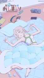 1girl absurdres barefoot book bottle breasts cellphone charger chips_(food) clock closed_eyes commentary copyright_name digital_clock food futon grey_hair highres indoors jibijibipen long_hair messy_room messy_sleeper multicolored_hair navel onii-chan_wa_oshimai! open_mouth oyama_mahiro phone pillow pink_hair potato_chips sleeping small_breasts smartphone solo twintails two-tone_hair under_covers used_tissue