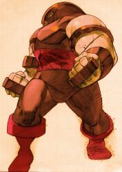 1boy armor bengus brass_knuckles capcom clenched_hands game_cg giant helmet highres juggernaut_(x-men) looking_to_the_side marvel marvel_vs._capcom marvel_vs._capcom_2 muscular muscular_male non-web_source open_mouth scan simple_background solo weapon x-men