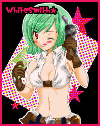 1girl :q border breasts brown_gloves character_name cleavage closed_mouth collared_shirt commentary_request crop_top gloves hammer holding holding_hammer looking_at_viewer medium_breasts midriff navel one_eye_closed pink_border ragnarok_online red_eyes ryun_(tomovita_c) shirt short_hair sleeveless sleeveless_shirt smile solo tongue tongue_out upper_body white_shirt whitesmith_(ragnarok_online)