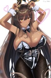 96mako absurdres animal_ears black_bow black_bowtie black_leotard black_nails black_pantyhose bow bowtie breasts brown_hair cleavage dark-skinned_female dark_skin detached_collar eyebrows_hidden_by_hair fake_animal_ears fake_tail goddess_of_victory:_nikke heart highres large_breasts leotard long_hair noir_(nikke) pantyhose playboy_bunny rabbit_ears rabbit_pose rabbit_tail smile strapless strapless_leotard tail very_long_hair wrist_cuffs yellow_eyes