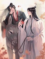 2boys :d apple black_hair black_hanfu chinese_clothes donkey falling_leaves feet_out_of_frame food fruit hair_flowing_over hair_ornament hair_tie hand_on_own_chin hanfu headband high_ponytail highres holding holding_food holding_fruit holding_reins lan_wangji leaf long_hair modao_zushi multiple_boys open_mouth ponytail red_trim reins riding riding_animal rorynans smile wei_wuxian white_hanfu wind