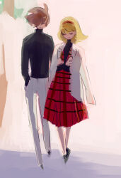 black_shirt black_shoes blonde_hair brown_hair closed_eyes coat couple cyborg cyborg_009 francoise_arnoul hair_over_one_eye hairband hands_in_pockets long_hair manodemarina pants red_hairband red_lips red_skirt shimamura_joe shirt shoes short_hair skirt white_coat white_pants