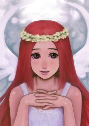 1girl angel_wings artist_request bare_arms bare_shoulders blush brown_eyes camisole character_request check_artist choe_chi_ho fingerless_gloves gloves head_wreath lips official_art open_mind_world parted_lips red_hair ribbon second-party_source solo strawberry_note teeth white_camisole white_ribbon white_wings wings