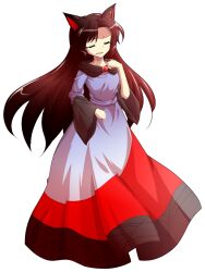 1girl alphes_(style) animal_ears brooch brown_hair commentary_request dairi dress fingernails full_body highres imaizumi_kagerou jewelry long_fingernails long_hair long_sleeves open_mouth parody red_eyes smile smug solo style_parody tachi-e touhou transparent_background wide_sleeves wolf_ears