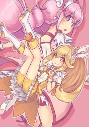 10s 2girls :o bike_shorts blonde_hair blush blush_stickers boots bow choker cure_happy cure_peace dress earrings hair_flaps hair_ornament hoshizora_miyuki jewelry kise_yayoi knee_boots long_hair looking_back magical_girl multiple_girls open_mouth pink_dress pink_eyes pink_hair pink_skirt pink_theme precure saltydanshark shorts shorts_under_skirt skirt smile smile_precure! teeth twintails v wide_ponytail wings wrist_cuffs yellow_bow yellow_dress yellow_eyes yellow_shorts yellow_skirt yellow_theme