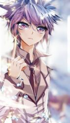 Rule 34 | 1girl, blue eyes, blue hair, blurry, blurry background, blush, flat chest, gradient eyes, gradient hair, jueshitangmen, long sleeves, multicolored eyes, multicolored hair, necktie, pink eyes, pink hair, school uniform, short hair, smile, solo, tomboy, wangdong (jueshitangmen)