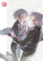 2boys black_jacket black_pants blonde_hair blood blood_on_clothes blood_on_face blood_on_hands collared_shirt flower highres jacket long_sleeves looking_at_another male_focus multiple_boys neck_ribbon open_clothes open_jacket open_mouth original pants purple_hair qyzhiaiyisheng red_eyes ribbon shirt short_hair smile white_shirt