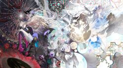 1girl absurdres anemone_(flower) artist_collaboration bird boots coat commentary_request dove dress expressionless flower full_moon grey_hair highres isekaijoucho kamitsubaki_studio long_hair moon multicolored_hair multiple_views puzzle_piece red_hair shorts surreal two-tone_hair very_long_hair walluka ye_yuan_yao