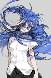 Rule 34 | 1girl, absurdres, ahoge, best happiness, black skirt, blue hair, commentary, cowboy shot, english commentary, explosion, grey background, head tilt, highres, long hair, looking at viewer, messy hair, original, parted lips, pleated skirt, shirt, short sleeves, simple background, skirt, solo, standing, upper body, white shirt