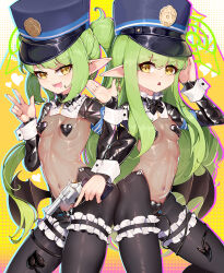 Rule 34 | 2girls, :d, absurdres, animal ears, armband, black bodysuit, black pasties, black shrug, black tail, blue archive, blue armband, blush, bodysuit, breasts, crotchless, demon tail, fake animal ears, frilled thigh strap, frontless outfit, green hair, green halo, gun, halo, handgun, hat, heart maebari, heart pasties, highres, hikari (blue archive), hiphighs, holding, holding gun, holding weapon, latex, latex legwear, leotard, long hair, long sleeves, looking at viewer, maebari, meme attire, multiple girls, navel, nozomi (blue archive), open mouth, pasties, peaked cap, playboy bunny, pointy ears, rabbit ears, revealing clothes, reverse bunnysuit, reverse outfit, revolver, see-through bodysuit, see-through clothes, shiny clothes, shrug (clothing), siblings, simple background, sisters, small breasts, smile, tail, thigh strap, train conductor, twins, twintails, very long hair, weapon, wrist cuffs, xg epee, yellow eyes