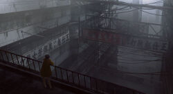 1girl ad against_railing black_hair building city cloud cloudy_sky coat fog haru_akira looking_afar original outdoors railing scenery short_hair sky solo standing urban yellow_coat