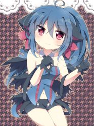 10s 1girl ahoge bare_shoulders blue_hair blush female_focus gen_5_pokemon gloves highres hydreigon kawaguchi long_hair navel nintendo personification pokemon pokemon_bw ponytail red_eyes solo zipper