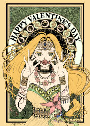 1girl absurdres alternate_costume artist_name blonde_hair blue_flower blue_gemstone border bracelet breasts candy chocolate choker cleavage colored_eyelashes commentary_request covering_own_mouth dragon_quest dragon_quest_vi dress dress_flower earrings floating_hair flower flower_necklace flower_request food gem gold_tiara green_eyes green_trim happy_valentine highres holding holding_candy holding_food jewelry large_breasts limited_palette long_hair looking_at_viewer low-tied_long_hair mayim mireyu multicolored_dress multiple_bracelets multiple_necklaces multiple_rings necklace orange_border orange_dress parted_hair pink_flower ring solo strapless strapless_dress tiara upper_body valentine wrapped_candy yellow_flower
