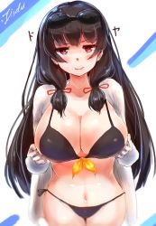 10s 1girl bad_id bad_nijie_id bikini bikini_under_clothes black_bikini black_hair blurry blush breasts depth_of_field eyewear_on_head female_focus firebeat_(foxtrot) foxtrot glasses gloves hair_ribbon highres isokaze_(kancolle) kantai_collection large_breasts long_hair long_sleeves looking_at_viewer navel red_eyes ribbon smile solo sunglasses swimsuit swimsuit_under_clothes tress_ribbon white_gloves