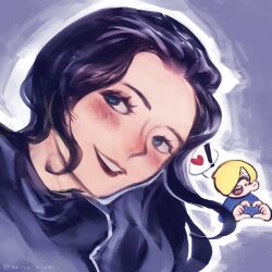 Rule 34 | 1boy, 1girl, blue eyes, blush, cier (ce rru), commentary, curly eyebrows, english commentary, eyelashes, hair over one eye, heart, heart hands, highres, long hair, nico robin, one piece, open mouth, purple background, sanji (one piece), short hair, smile, turtleneck, upper body