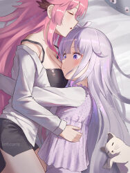 absurdres black_shorts blush breasts cat cleavage closed_eyes closed_mouth collarbone commentary english_commentary highres hololive hololive_english john_cat_(koseki_bijou) koseki_bijou large_breasts linhcoris long_hair long_sleeves open_mouth pajamas pebble_(koseki_bijou) pink_hair pink_pajamas purple_eyes purple_hair raora_panthera shirt shorts sleeping thighs virtual_youtuber white_cat white_shirt yuri