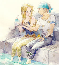 1boy 1girl bandana belt blonde_hair blue_eyes blue_pants blue_shirt breasts celes_chere couple da-vesita final_fantasy final_fantasy_vi jacket unworn_jacket locke_cole long_hair medium_breasts pants parted_bangs shirt short_hair strapless strapless_shirt vest white_shirt yellow_pants