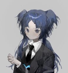 1girl black_jacket black_necktie black_vest blue_hair chinese_commentary collared_shirt commentary_request e.g.o_(project_moon) employee_(project_moon) grey_background grey_eyes highres jacket lobotomy_corporation long_hair long_sleeves necktie nugget_(project_moon) open_clothes open_jacket parted_bangs project_moon quad_tails shirt simple_background solo sound_of_a_star_(e.g.o) upper_body vest vihua6 white_shirt
