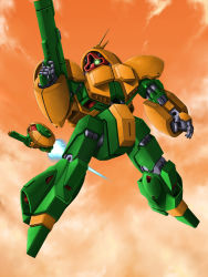 alternate_form asshimar bad_id bad_pixiv_id beam_rifle cloud dual_persona energy_gun gun gundam highres kiriya_obu_gn looking_down mecha robot sunset weapon zeta_gundam