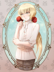 Rule 34 | 1boy, alternate costume, androgynous, blonde hair, casual, eyelashes, eyeliner, flower, frilled shirt collar, frills, green eyes, hand on own elbow, hand up, holding, holding flower, long hair, low ponytail, makeup, male focus, mizuhara aki, pisces cardinale, ponytail, red eyeliner, red flower, red rose, rose, saint seiya, saint seiya: next dimension, shirt, solo, white shirt