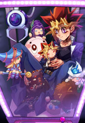 1boy artist_name black_choker blonde_hair blue_jacket chibi choker crane_game dark_magician dark_magician_girl duel_monster gandora_the_dragon_of_destruction highres holding holding_stuffed_toy in_crane_game jacket kuriboh less_end marshmallon multicolored_hair muto_yugi purple_eyes silent_magician silent_magician_lv4 stuffed_toy watapon yami_yugi yu-gi-oh!