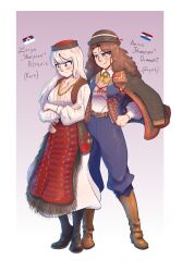 Rule 34 | 2girls, absurdres, albino, anica domazet, apron, bead necklace, beads, belt, black socks, blue pantaloons, blue pants, blue vest, blush, bonnet, boots, breasts, brown hair, capelet, character name, check clothing, closed mouth, clothing request, commission, commissioner upload, croatia, croatian clothes, croatian flag, crossed arms, curly hair, dress, embarrassed, embroidery, fingernails, fluffkaiser, full body, fur trim, gradient background, green eyes, grin, hand on another&#039;s hip, hand on own hip, hat, highres, jacket, jewelry, knee boots, leather, leather belt, leather boots, long hair, long sleeves, looking down, mole, mole under eye, multiple girls, neckerchief, necklace, non-web source, original, pantaloons, pants, poet sleeves, pout, puffy sleeves, red apron, red eyes, republika srpska krajina, scar, scar across eye, scar on face, serbian clothes, serbian flag, shirt, shoes, skirt, slavic clothes, smile, socks, spread legs, unworn jacket, vest, white dress, white hair, white shirt, yellow neckerchief, yuri, zarya petrovic