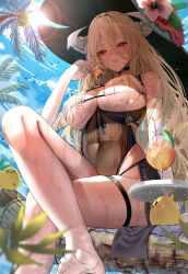 &gt;_&lt; 1girl absurdres adapted_costume azur_lane blonde_hair blue_sky breasts cocktail_glass commentary_request covered_erect_nipples crossed_legs cup day drinking_glass flower from_below hair_between_eyes hat hat_flower highres horns ice ice_cube implacable_(azur_lane) large_breasts long_hair long_hair_between_eyes looking_at_viewer manjuu_(azur_lane) outdoors palm_tree pink_flower red_eyes rossy_(yowayowachimpo) sitting sky smile solo summer sun_hat thigh_strap tree very_long_hair white_horns