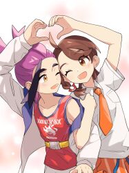 1boy 1girl arm_up black_hair blush braid brown_eyes brown_hair collared_shirt hair_ornament heart heart_hands heart_hands_duo hetero highres jacket juliana_(pokemon) kieran_(pokemon) long_sleeves naranja_academy_school_uniform necktie nekoniko777 nintendo one_eye_closed open_mouth orange_necktie orange_shorts pokemon pokemon_sv purple_hair red_tank_top school_uniform shirt short_sleeves shorts simple_background tank_top white_jacket white_shirt white_shorts yellow_eyes