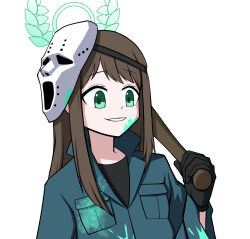 Rule 34 | 1girl, airi (blue archive), andy9610, baseball bat, black gloves, black shirt, blue archive, brown hair, commentary, diving mask, diving mask on head, english commentary, gloves, goggles, goggles on head, green eyes, green halo, halo, highres, holding, holding baseball bat, long hair, mask, open mouth, paint, shirt, simple background, smile, unworn mask, upper body, white background