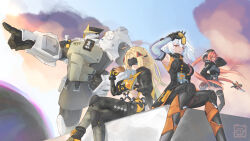 3girls arm_up armpits artist_logo artist_name blonde_hair camouflage camouflage_jacket camouflage_pants covered_eyes crossed_legs curled_horns detached_sleeves dress eye_mask fingerless_gloves floating_hair food gloves glowing_mask goggles hand_on_own_hip highres holding holding_food holding_goggles hollow_(zenless_zone_zero) hoot_(00hoot) horns humanoid_robot jacket latex_pants logo long_hair long_sleeves magus_(zenless_zone_zero) mechanical_tail midriff multiple_girls orpheus_(zenless_zone_zero) outdoors outstretched_arm pants pointing pointing_forward red_hair robot seed_(zenless_zone_zero) sitting sky smile soldier_11_(zenless_zone_zero) standing stomach tail tinted_eyewear trigger_(zenless_zone_zero) unworn_goggles very_long_hair white_hair yellow-tinted_eyewear yellow_eyes zenless_zone_zero