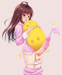 1futa ahoge bird blush brown_eyes brown_hair chicken clothes_pull condom condom_on_penis cum ejaculation full-package_futanari futanari handsfree_ejaculation huge_penis large_penis long_hair mofuringu open_mouth original pajamas panties pants pants_pull panty_pull penis red_eyes simple_background smile solo standing stuffed_animal stuffed_toy tears testicles third-party_edit uncensored underwear used_condom used_condom_on_penis