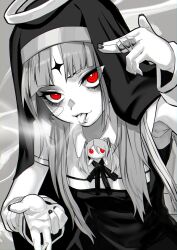 Rule 34 | 1girl, aimaina, arm up, bags under eyes, bandaid, bandaid on face, black nails, black neckerchief, blunt bangs, chibi, commentary request, doll, fingernails, from side, habit, haishima xv, halo, hand up, hatsune miku, highres, kamippoina (vocaloid), long hair, monochrome, nail polish, neckerchief, nun, parted bangs, piercing, red eyes, short sleeves, smoke, smoking, solo, spot color, tongue, tongue out, tongue piercing, vocaloid, wrist cuffs