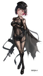 1girl :| armpit_cutout assault_rifle black_bodysuit black_boots black_hair black_nails blush bodystocking bodysuit boots breast_curtain breasts character_name cleavage closed_mouth clothing_cutout colored_inner_hair commentary_request covered_collarbone covered_navel full_body gun hat highres holding holding_weapon knee_boots large_breasts looking_at_viewer m16 mark_under_both_eyes mhru military_hat multicolored_hair original paid_reward_available pink_eyes pink_hair police_hat rifle see-through_bodysuit see-through_cleavage see-through_clothes serina_(mhru) short_hair sidelocks simple_background skindentation solo spiked_ear_piercing standing thigh_strap thighhighs torn_clothes weapon white_background