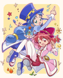 Rule 34 | 2girls, :d, ^ ^, ahoge, aqua eyes, arm up, blonde hair, blue boots, blue coat, blue hair, blue hat, blue outline, blue skirt, blush, boots, border, bow, bowtie, buttons, closed eyes, coat, commentary, creature, crescent, crest, curled fingers, curly hair, drop symbol, earrings, fairy, fine (futagohime), fingernails, flower symbol, fushigiboshi no futago hime, gem, gem (symbol), hair between eyes, hat, hat ornament, index finger raised, jeweled hat, jewelry, knees up, legs up, long hair, long sleeves, looking at viewer, low-tied long hair, matching outfits, medallion, midair, moon (symbol), multiple girls, open mouth, outline, overcoat, pantyhose, phrygian cap, pink boots, pink coat, pink outline, pleated skirt, pom pom (clothes), pom pom footwear, puffy long sleeves, puffy sleeves, pumo (futagohime), purple bow, purple bowtie, red eyes, red gemstone, red hair, red skirt, rein (futagohime), shoe soles, siblings, sisters, skirt, smile, star (symbol), star earrings, sun hat ornament, sun symbol, suzuki (2red moon3), tail, top hat, twins, twintails, white border, white bow, white bowtie, white pantyhose, yellow background