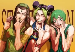 3girls black_hair braid braided_ponytail breasts cone_hair_bun double_bun dreadlocks ermes_costello foo_fighters_(jojo) green_eyes green_hair green_lips hair_bun hand_on_own_chin highres jojo_no_kimyou_na_bouken kuujou_jolyne lipstick makeup midriff multicolored_hair multiple_girls overalls sano_(hospital_0434) short_hair smile stone_ocean stroking_own_chin turtleneck two-tone_hair