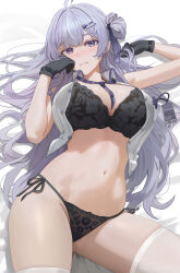 Rule 34 | 1girl, absurdres, ahoge, black bra, black gloves, black panties, blush, bra, breasts, commission, gloves, grey hair, grin, hair ornament, hairclip, highres, iliu toa, indie virtual youtuber, junmin, large breasts, long hair, looking at viewer, lying, navel, on back, panties, purple eyes, side-tie panties, smile, solo, thighhighs, underwear, virtual youtuber, white thighhighs