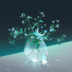 1girl artist_name blue_flower crescent crescent_moon dress flower from_behind glass huhv. leaf long_hair mini_person minigirl moon original petals plant reflection solo standing transparent white_dress white_flower