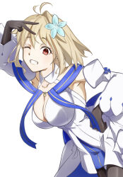 Rule 34 | 1girl, :d, ahoge, arcueid brunestud, arcueid brunestud (mooncancer), bare shoulders, blue ribbon, blush, breasts, cleavage, detached sleeves, dress, fate/grand order, fate (series), flower, gloves, hair flower, hair ornament, hand on own hip, highres, large breasts, looking at viewer, one eye closed, open mouth, pantyhose, puyo99, red eyes, ribbon, smile, tsukihime, v, white dress