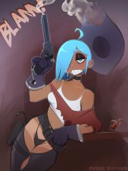 1girl absurdres bare_shoulders belt black_belt black_gloves black_pants blue_eyes blue_hair cigarette copyright_request crop_top dark-skinned_female dark_skin earrings glass gloves gun hair_over_one_eye highres holding holding_gun holding_weapon jewelry leaning_to_the_side navel original pants pudgeruffian shirt short_sleeves smoking stomach teeth weapon white_shirt