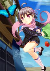 1girl absurdres bag black_dress bug butterfly chasing dress dropping food highres insect kazayuki_kaya knot loafers long_sleeves loose_socks midare_toushirou_(tenka_hyakken) open_mouth outdoors purple_eyes purple_scarf sailor_collar scarf shoes shopping_bag short_hair skirt socks tenka_hyakken tomato vegetable