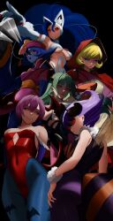 6+girls abdomen_tail absurdres animal_hands animal_print antennae arthropod_girl b.b._hood bat_print bee_girl big_hair black_background black_leotard blonde_hair blue_hair blue_pantyhose blue_skin blunt_bangs breasts cat_girl cat_paws clothing_cutout colored_skin darkstalkers diamond_cutout felicia_(darkstalkers) flipped_hair green_hair hat head_wings heart_cutout highres hsien-ko hyakka_(momokashinryu14) insect_girl insect_wings leotard lilith_(darkstalkers) looking_at_viewer monster_girl morrigan_aensland multiple_girls pantyhose parted_lips pointing print_pantyhose purple_hair purple_pantyhose q-bee qingdai_guanmao red_eyes red_leotard red_wings smile strapless strapless_leotard teeth white_fur wings