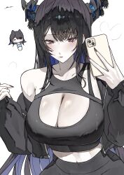 Rule 34 | 1girl, 2girls, abs, absurdres, alternate costume, asymmetrical horns, black hair, black jacket, black sports bra, blue hair, blush, bottle, breasts, cellphone, chibi, cleavage, closed mouth, clothes lift, colored inner hair, commentary, crop top, crystal horns, demon horns, drinking, english commentary, ewn, flower, highres, holding, holding phone, hololive, hololive english, horn flower, horns, jacket, large breasts, long hair, looking at phone, looking at viewer, mole, mole under eye, multicolored hair, multiple girls, navel, nerissa ravencroft, ouro kronii, phone, red eyes, red nails, shirt, simple background, smartphone, solo, solo focus, sports bra, t-shirt, toned, toned female, two-tone hair, uneven horns, very long hair, virtual youtuber, water, water bottle, white background