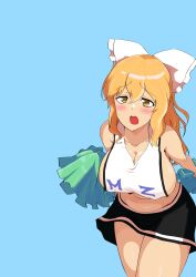1girl @_@ absurdres bare_shoulders blonde_hair blue_background blush bow breasts cheerleader cleavage collarbone commentary_request cookie_(touhou) cowboy_shot crop_top hair_bow highres holding holding_pom_poms kirisame_marisa long_hair looking_at_viewer mars_(cookie) midriff miniskirt navel open_mouth pom_pom_(cheerleading) pom_poms remote_controller_4 simple_background skirt smile solo tongue touhou vest white_bow white_vest yellow_eyes