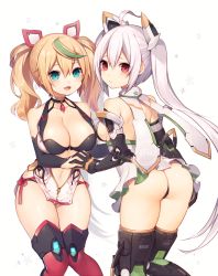 2girls :d :| ahoge arm_warmers ass backless_dress backless_outfit bad_id bad_pixiv_id bare_shoulders black_panties blonde_hair blue_eyes blush breasts choker cleavage closed_mouth collarbone commentary_request cosplay costume_switch dress fang gem gene_(pso2) gloves hair_between_eyes hair_ornament interlocked_fingers large_breasts leaning_forward long_hair looking_at_viewer looking_back matoi_(pso2) multicolored_hair multiple_girls muryotaro navel open_mouth panties phantasy_star phantasy_star_online_2 red_eyes sideboob silver_hair sleeveless sleeveless_dress smile thighhighs thong twintails underwear