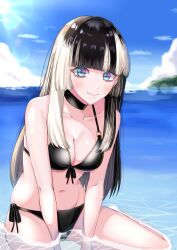 Rule 34 | 1girl, absurdres, alternate costume, between legs, bikini, black bikini, black choker, black hair, blue eyes, blue sky, blunt bangs, breasts, choker, cleavage, closed mouth, cloud, commentary request, day, front-tie bikini top, front-tie top, grey hair, hand between legs, highres, hime cut, hololive, hololive dev is, juufuutei raden, long hair, looking at viewer, medium breasts, multicolored hair, navel, ocean, outdoors, side-tie bikini bottom, sitting, sky, smile, solo, stomach, straight hair, streaked hair, sun, suzuka (suzukawu), swimsuit, two-tone hair, virtual youtuber