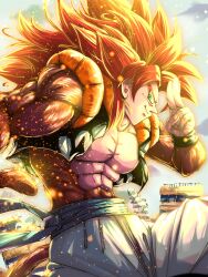 Rule 34 | 1boy, black vest, blue eyes, blue sash, body fur, brown fur, brown tail, cowboy shot, cropped vest, dragon ball, dragon ball gt, gogeta, highres, long hair, male focus, metamoran vest, monkey tail, muscular, muscular male, neophyte illust, pants, red hair, salute, sash, solo, spiked hair, super saiyan, super saiyan 4, tail, two-finger salute, vest, white pants